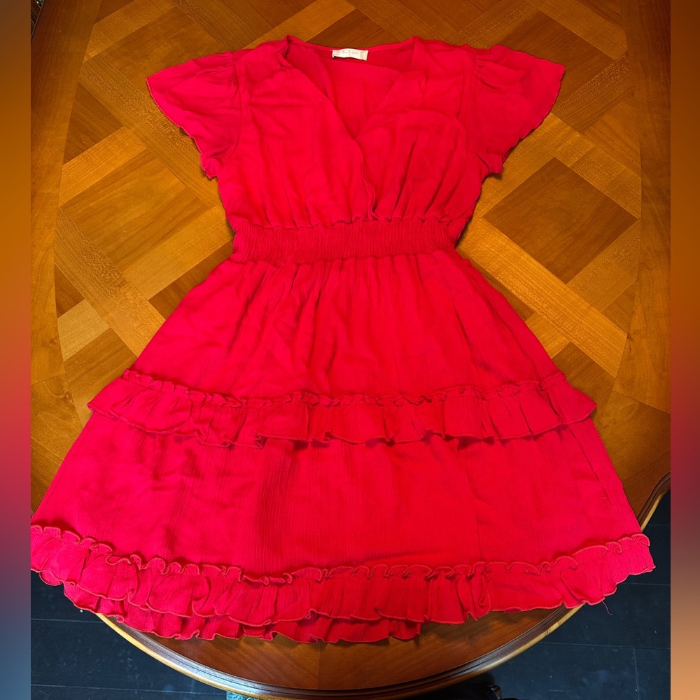 Altar’d State S Red Dress Knee-Length Wrap Ruffle Flamenco Tango Flutter Sleeve